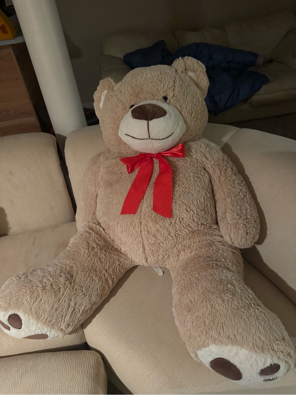 Plush Beige Teddy Bear with Red Bow - Soft Kids Toy
